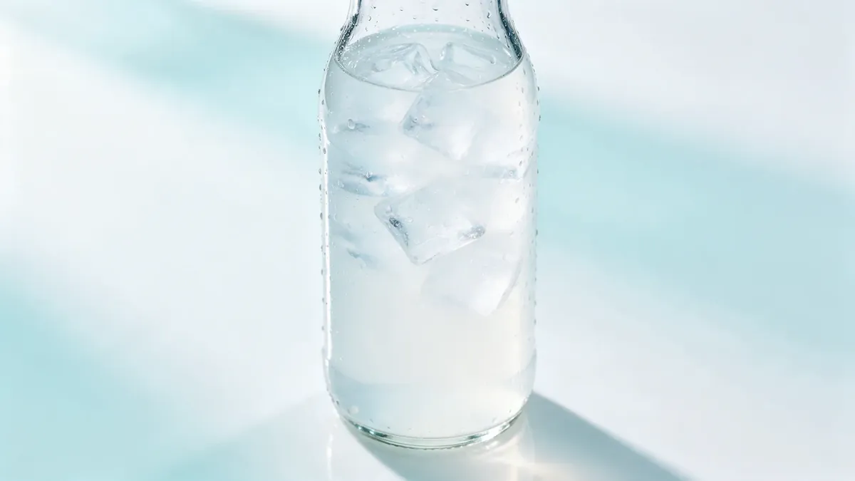 Una borraccia di vetro con una bevanda leggermente torbida e cubetti di ghiaccio, coperta di condensa.