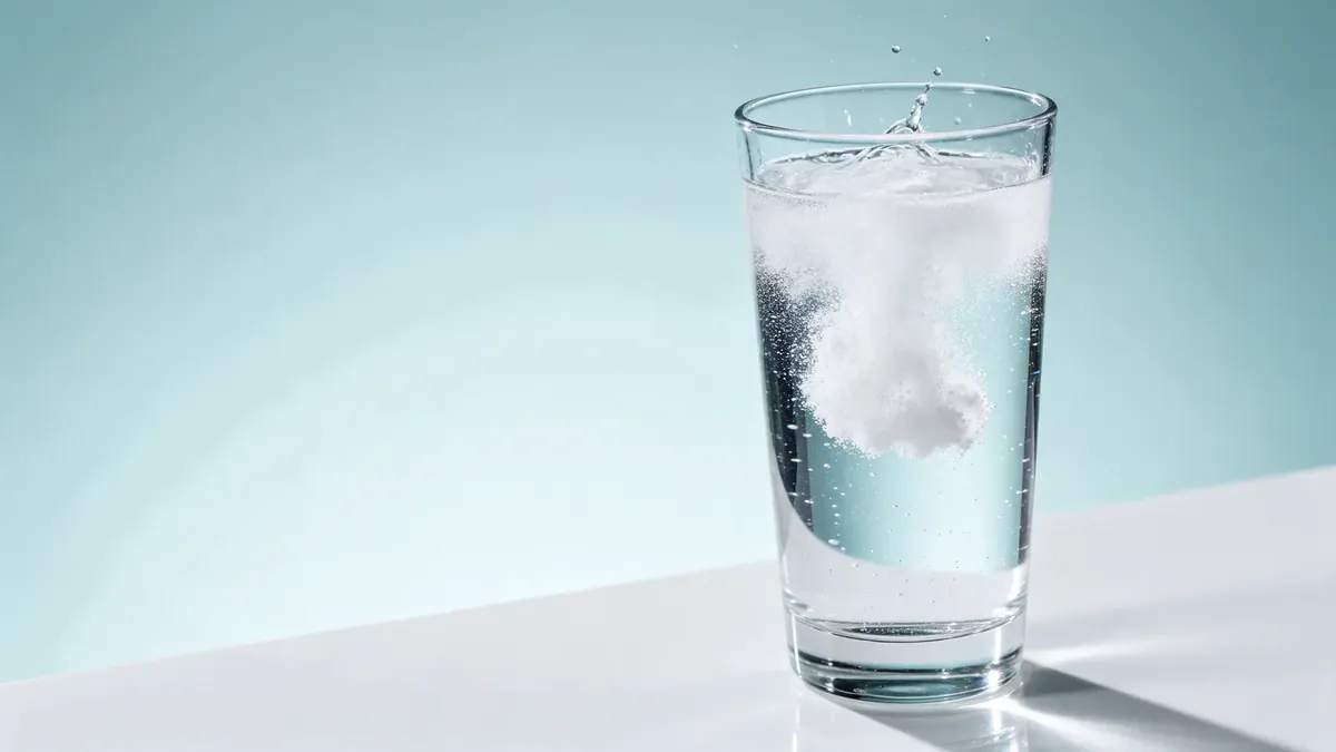 Un bicchiere d'acqua con una nuvola di polvere effervescente che si scioglie e piccole bollicine, su fondo bianco e azzurro.
