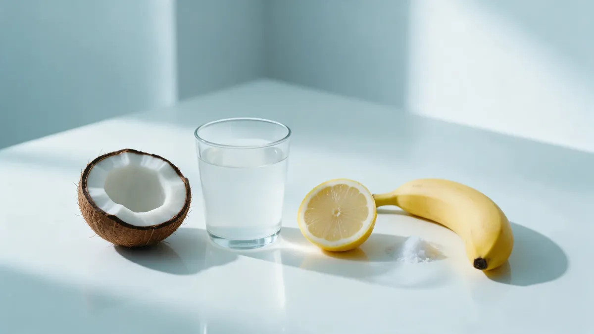 Mezzo cocco con acqua di cocco in un bicchiere, un limone a fette, un pizzico di sale marino e una banana su fondo bianco.