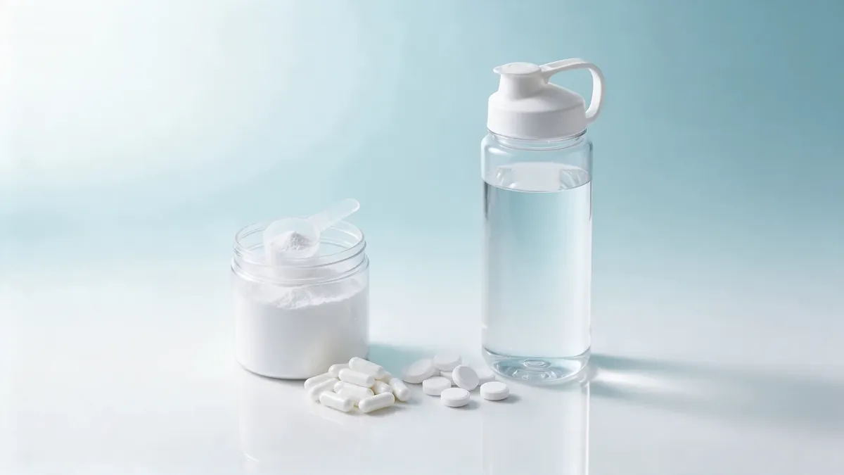 Formati di elettroliti senza marca in fila: un barattolo di polvere con misurino, capsule, compresse effervescenti e una borraccia d'acqua.