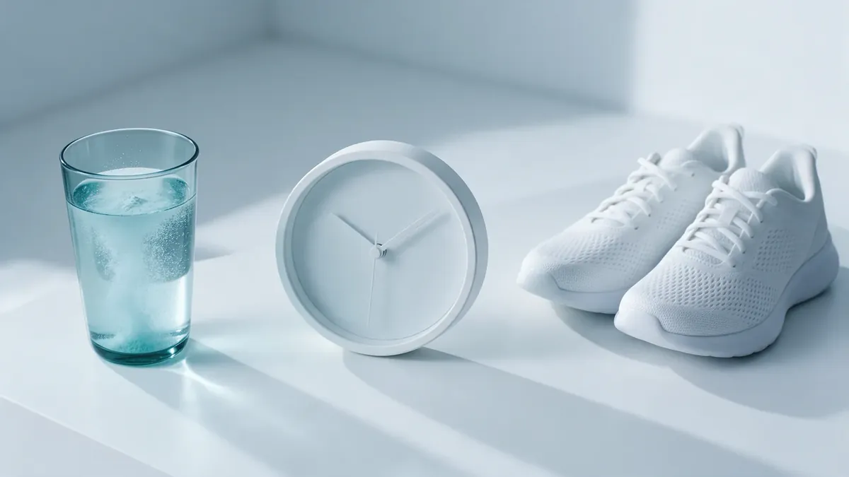 Un bicchiere d'acqua con polvere che si scioglie accanto a un orologio bianco senza numeri e a un paio di scarpe da corsa.