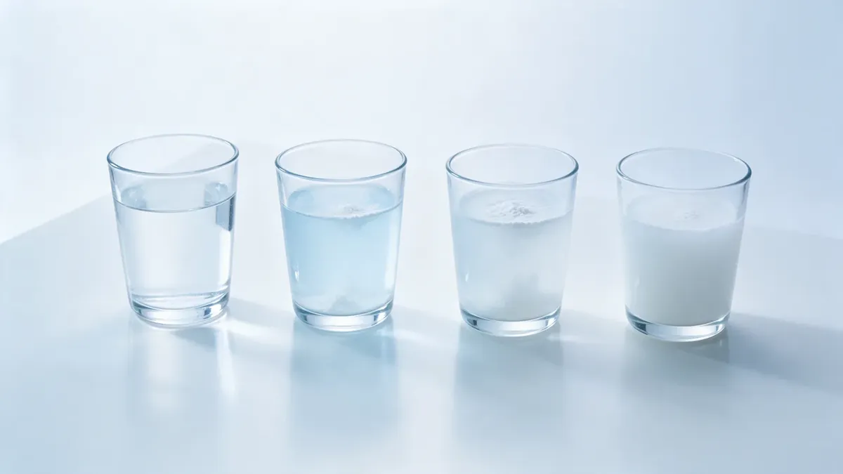 Quattro bicchieri d'acqua in fila con quantità diverse di polvere bianca disciolta, dal quasi trasparente al torbido.