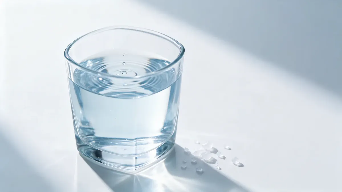 Un bicchiere d'acqua su una superficie bianca lucida con piccoli cristalli di sale e gocce che formano cerchi.